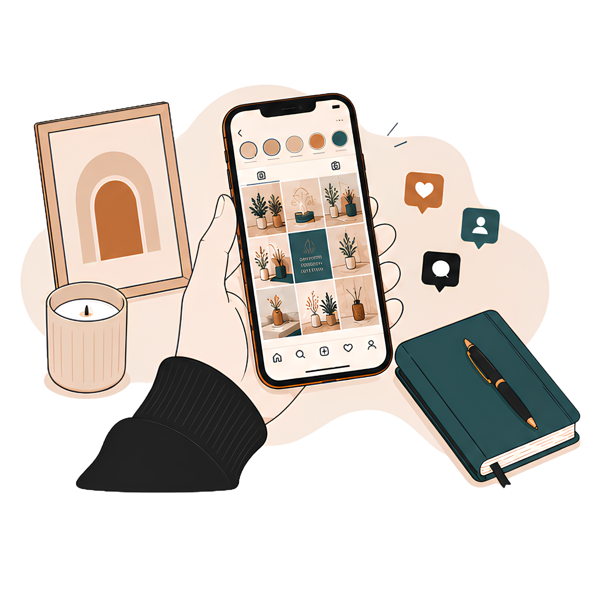 Illustration of a hand holding a smartphone displaying a plant-themed photo gallery, with a framed picture, a candle, and social media icons surrounding it.