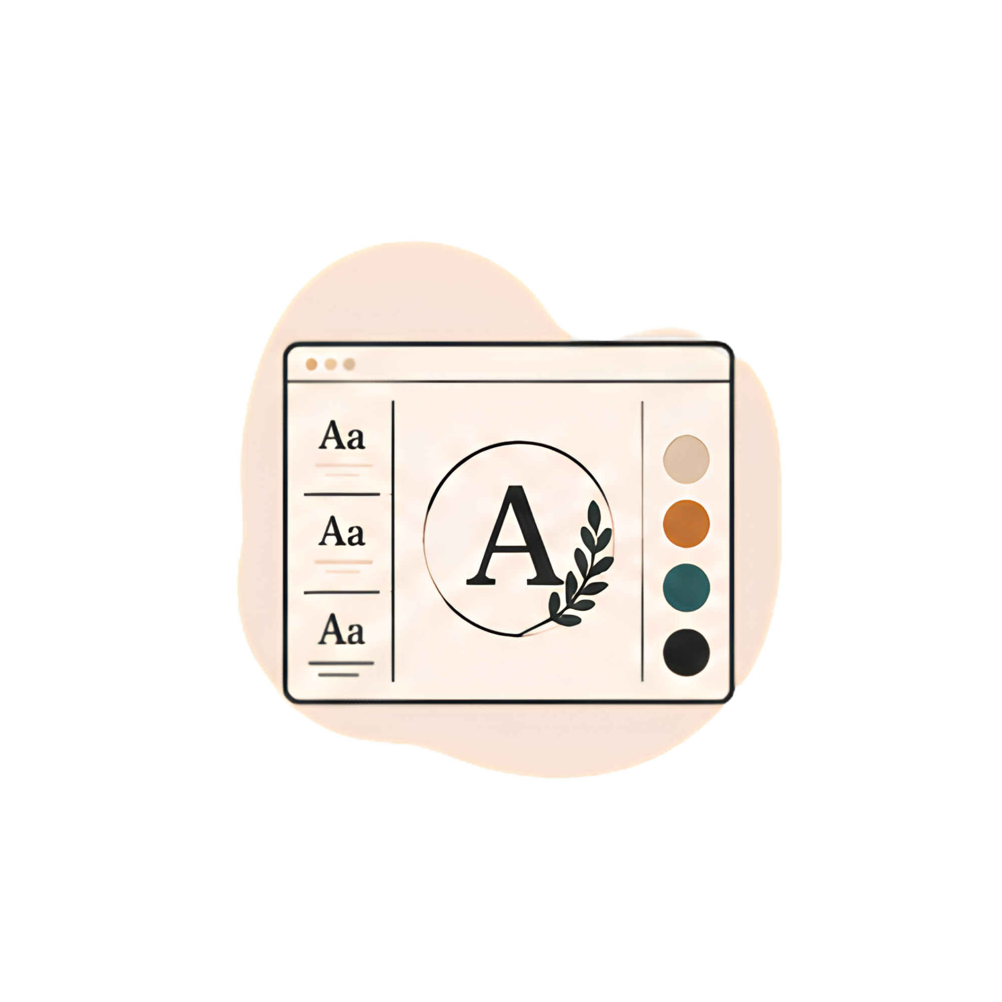 A graphic of a desktop computer monitor with a focus on a design program showing an "A" with a wreath around it, a palette of paint colors, and text options.