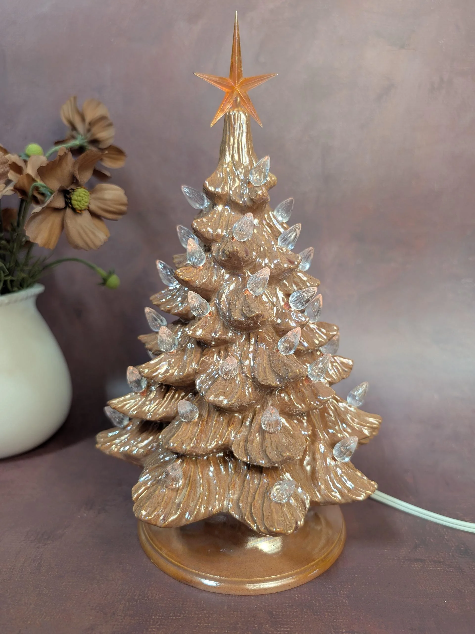 Coral pink 10" Christmas tree and base with a mother of pearl luster finish