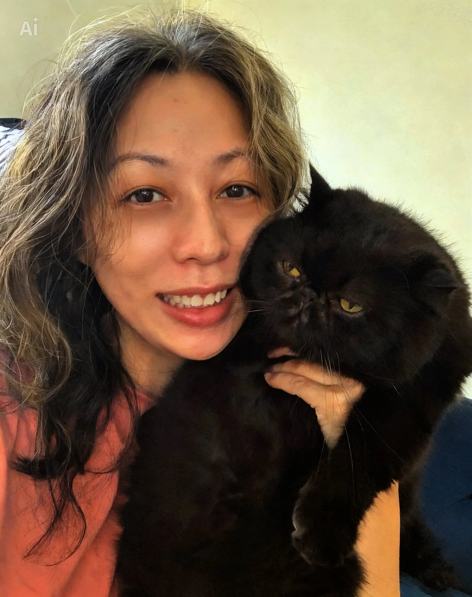 A woman with curly hair holding a black cat close to her face, both looking toward the camera.