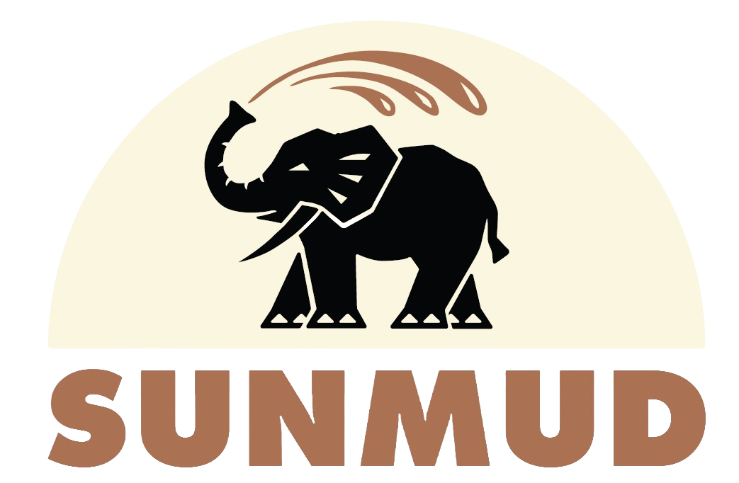 A logo featuring a black silhouette of an elephant with its trunk raised, set against a cream-colored background, with the word 'SUNMUD' written below in brown capital letters.