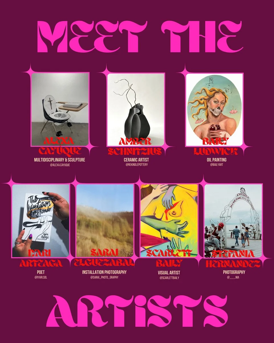 Collage featuring portraits and artwork by multiple artists, including a multi-disciplinary sculpture, ceramic design, oil painting, poetry, installation photography, visual art, and photography, with bright pink and purple background.
