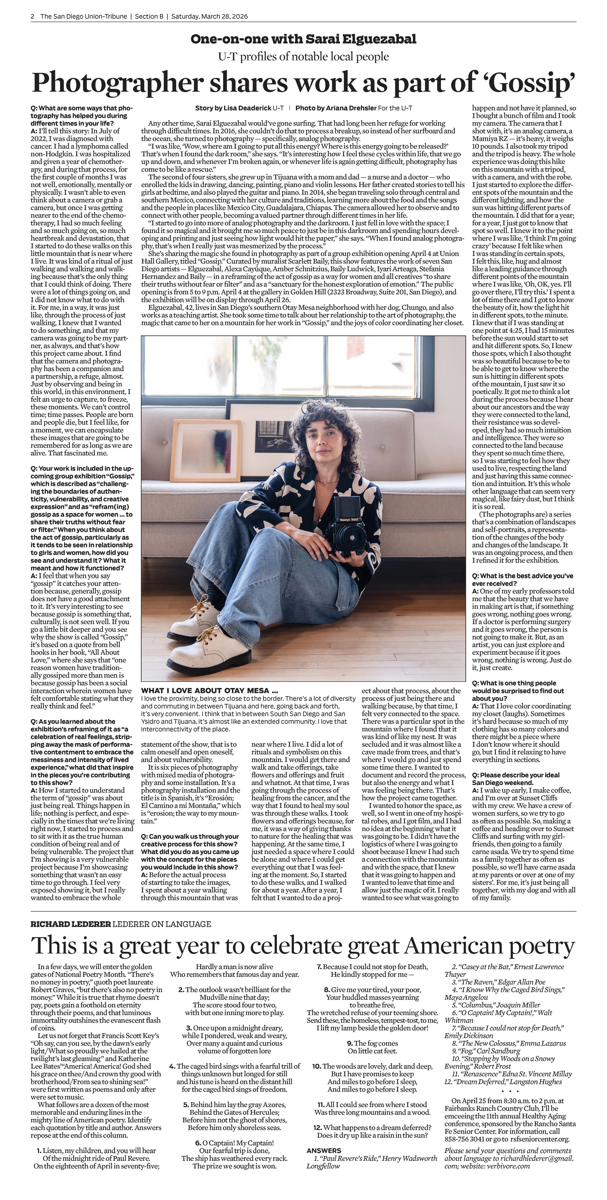 Newspaper article featuring an interview with Sarai Elguezabal, a photographer, sitting with a camera in her lap. She is indoors, in front of a window, wearing a patterned shirt and jeans.