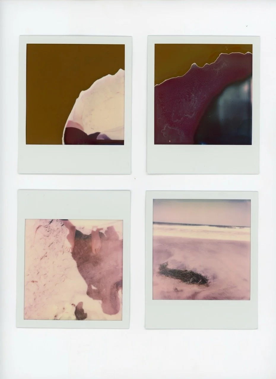 Four instant photos arranged in a 2x2 grid showing abstract and beach scenes with sand and water, some with floral elements.