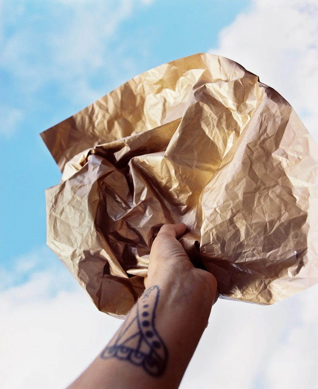 Person holding a crumpled brown paper bag against a partly cloudy blue sky.