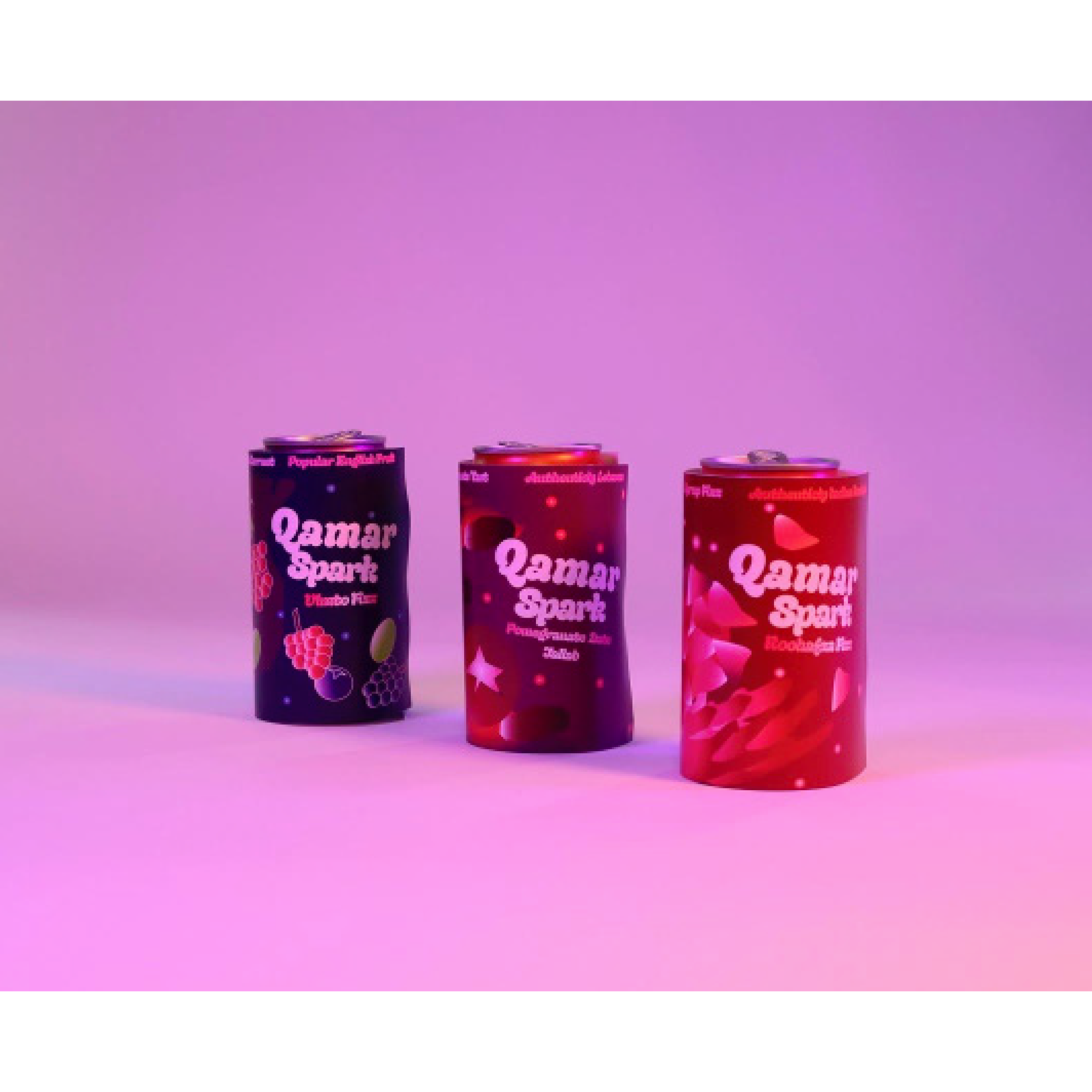 This was a project dedicated to making Ramadan drinks but in soda form with the brand mark "Qamar Spark" using basic flavors like Vimto, Roohafza, and Jallab drinks designed with each fundamental ingredient in a almost cyberspace esque appeal as Qama