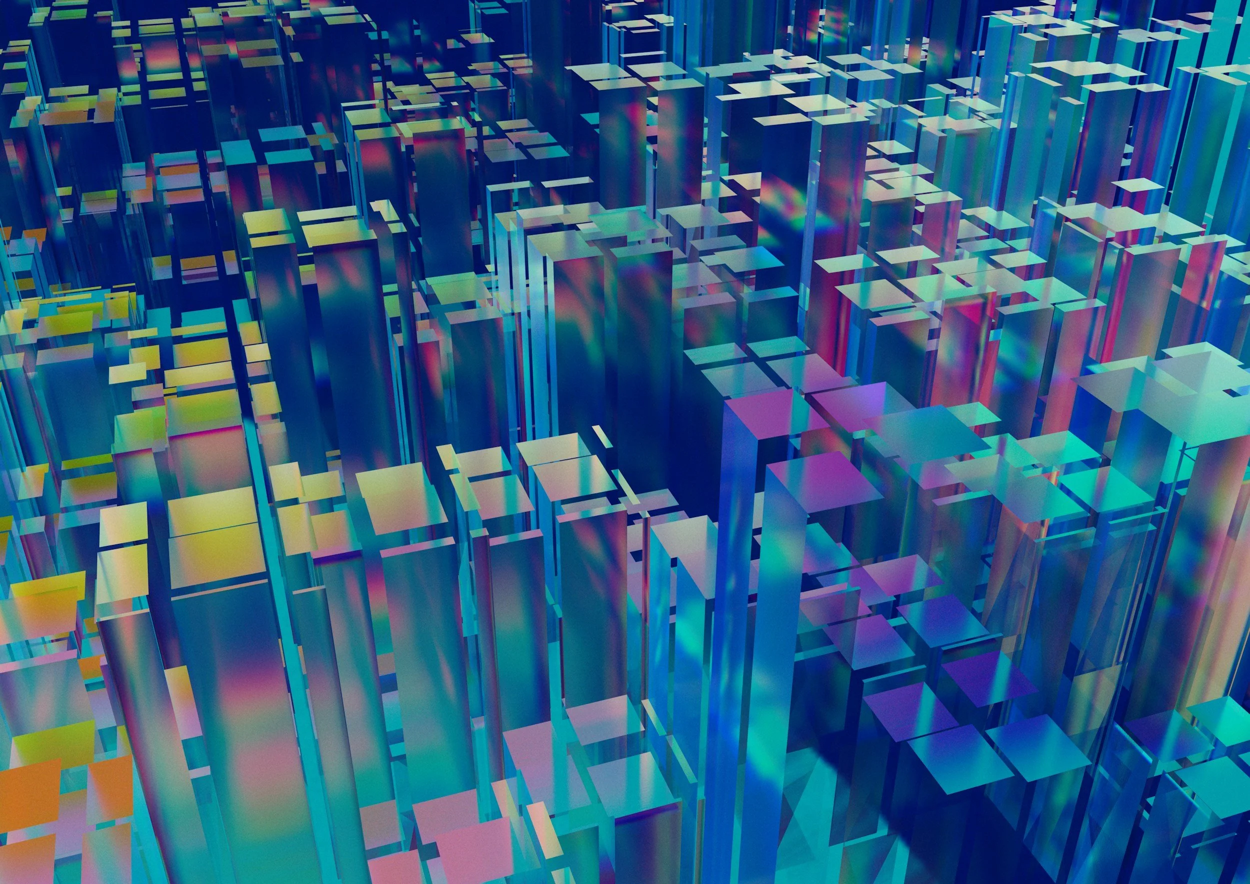 Digital artwork depicting an abstract cityscape of multicolored, transparent 3D rectangular blocks and skyscrapers with a glowing effect.