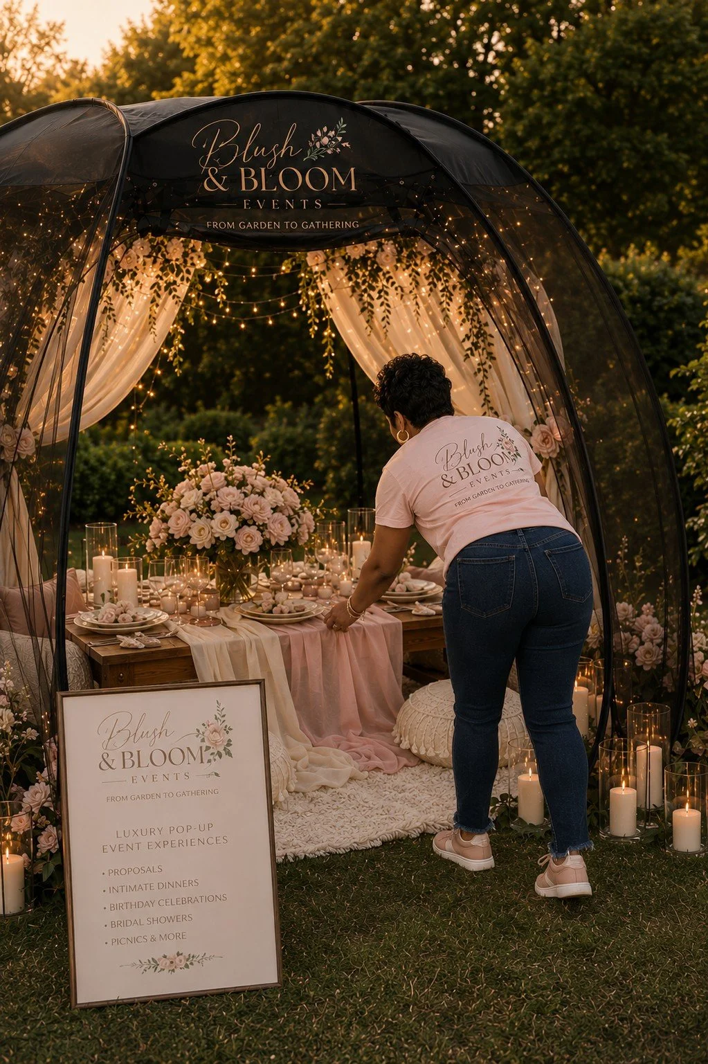 A woman arranging a table setup for a floral-themed event called 'Blush & Bloom,' with candles, flowers, and elegant decor in a garden setting during sunset.