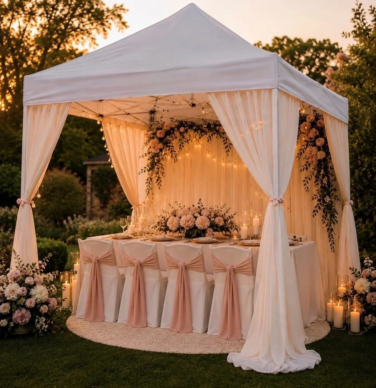 Elegant outdoor wedding reception set up in a garden with a white canopy decorated with pink and white flowers, green foliage, and string lights. A long table with white linens and pink bows on chairs is adorned with candles, candles, and floral arrangements, creating a romantic atmosphere at sunset.