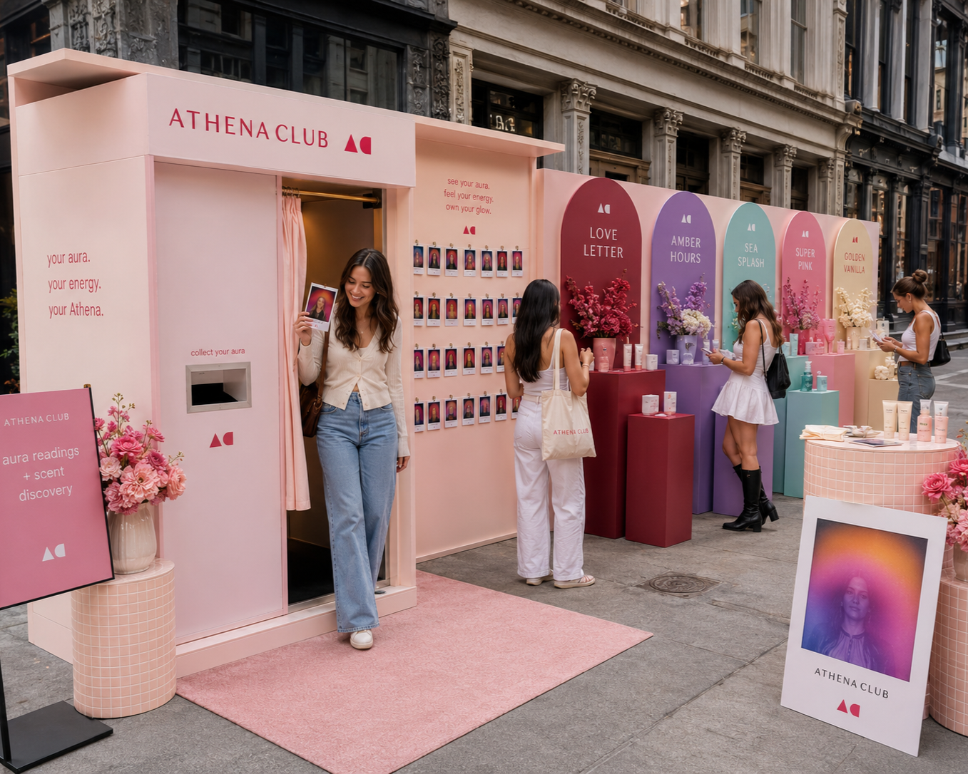 Concept render of the Athena's Auras pop-up, a pink aura photo booth on a SoHo street