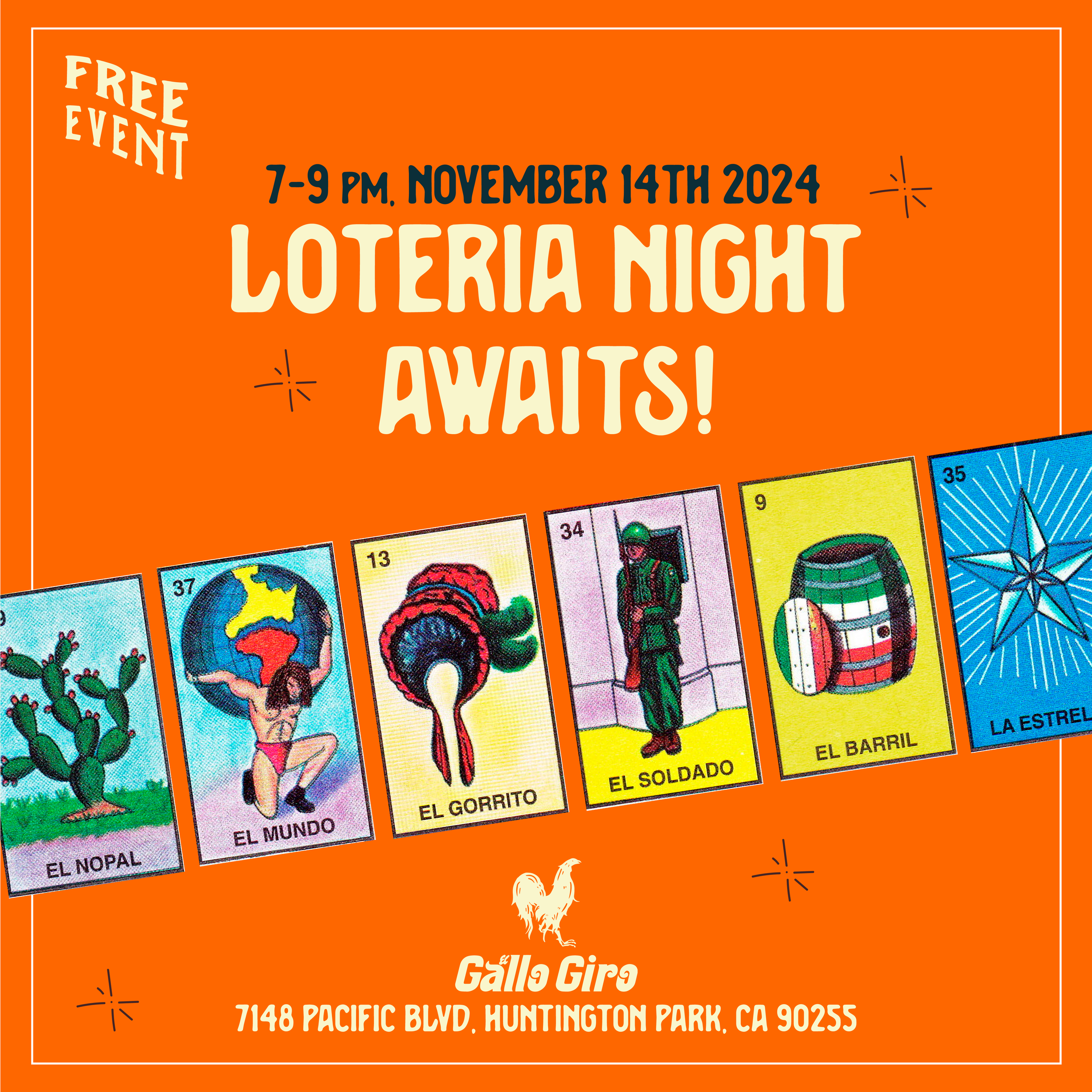 Lotería Night flyer for El Gallo Giro in Huntington Park, a free event on November 14, 2024