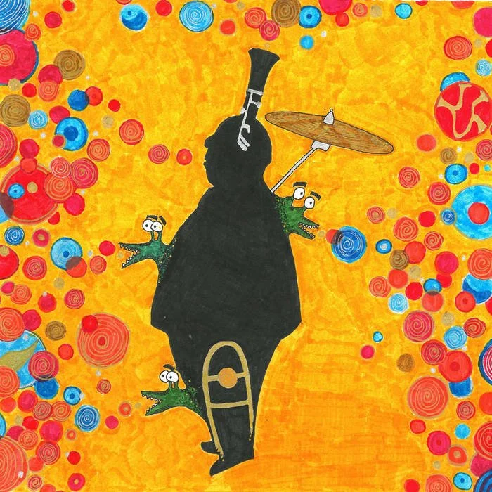 Colorful abstract painting featuring a rabbit silhouette in black with three small green monsters with big eyes attached to it, against a yellow background with red, blue, and brown spiral and circle patterns.