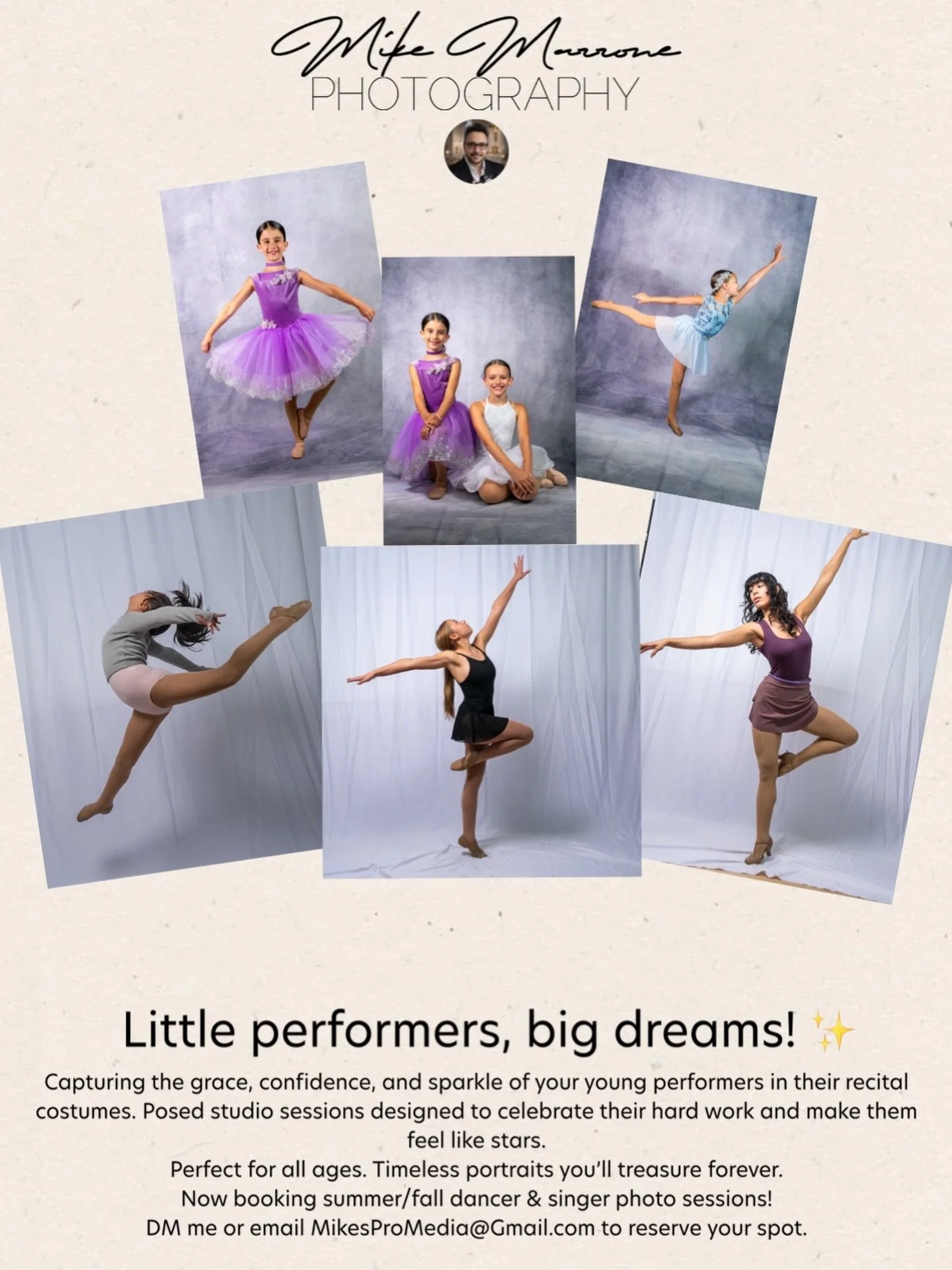 Little performers, big dreams!
Capturing the grace, confidence, and sparkle of your young performers in their recital costumes. Posed studio sessions designed to celebrate their hard work and make them feel like stars.
Perfect for all ages. Timeless 