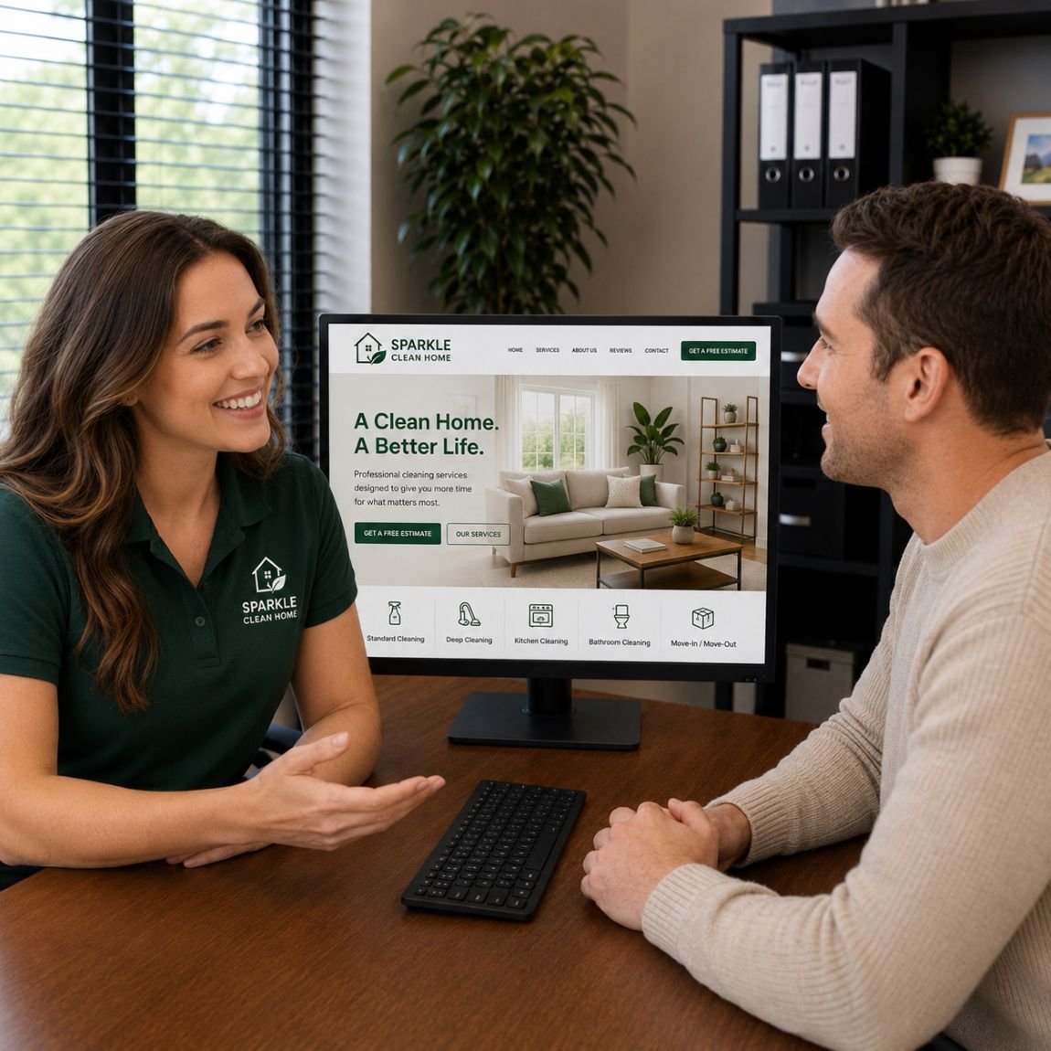 An image of a marketing meeting between a marketing company and a cleaning business owner