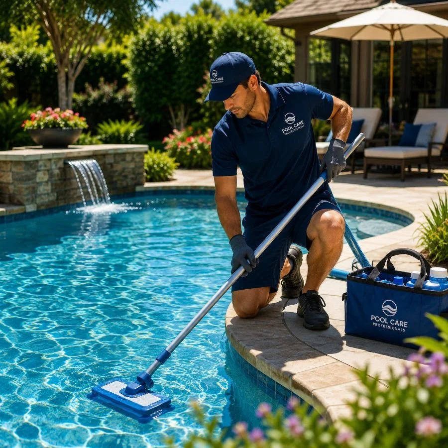 Image of a pool maintenance employee at work