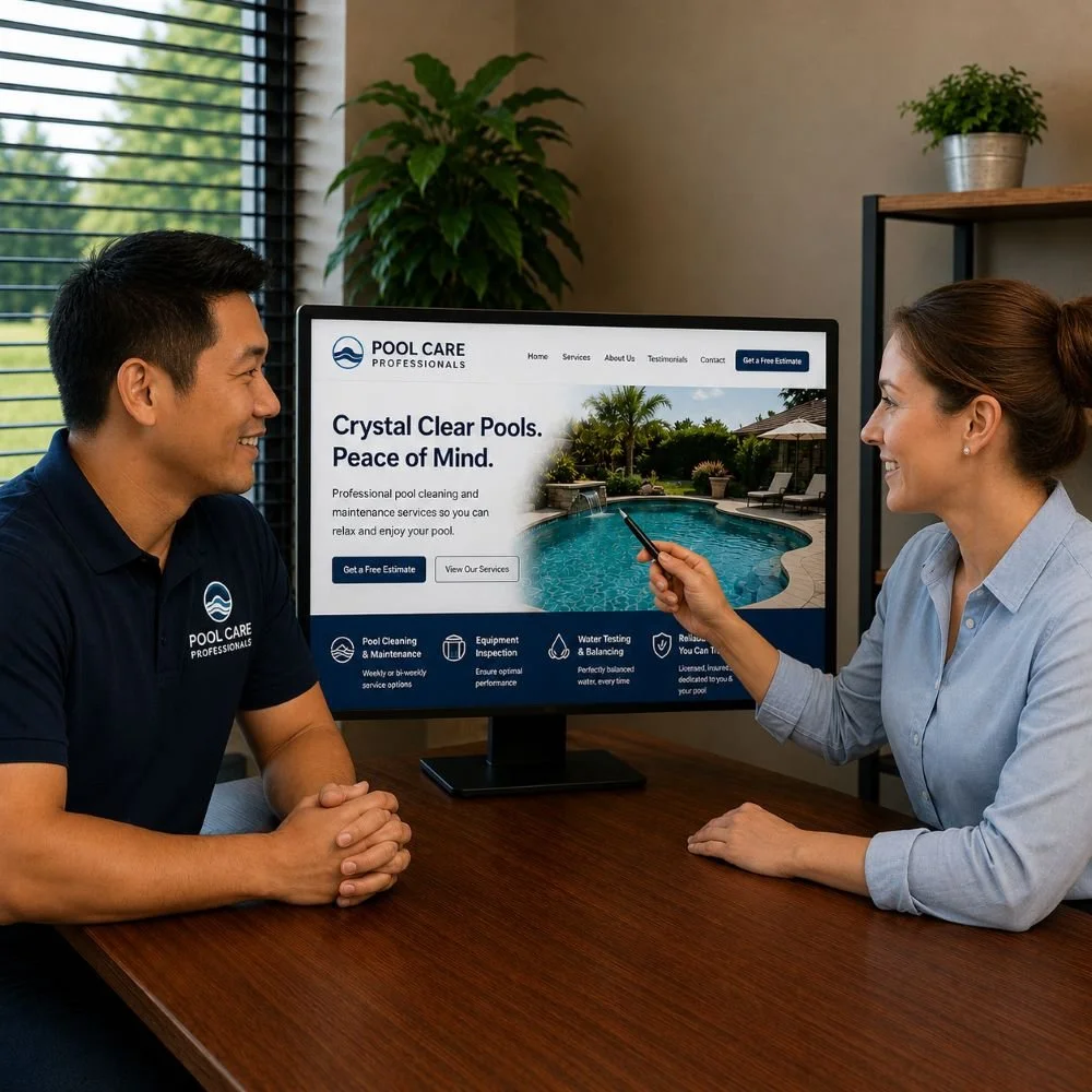 An image of a marketing meeting between a marketing company and a pool maintenance business owner