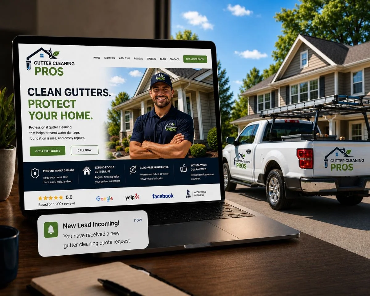 An image of a gutter service website next to a gutter cleaning truck