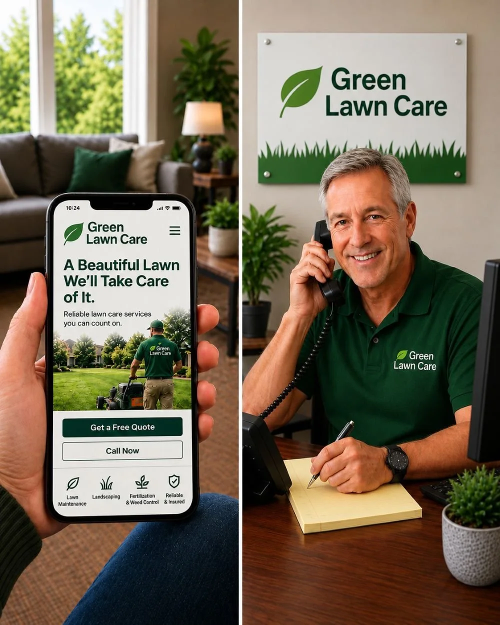 Image of a receptionist for a lawn care company answering the phone