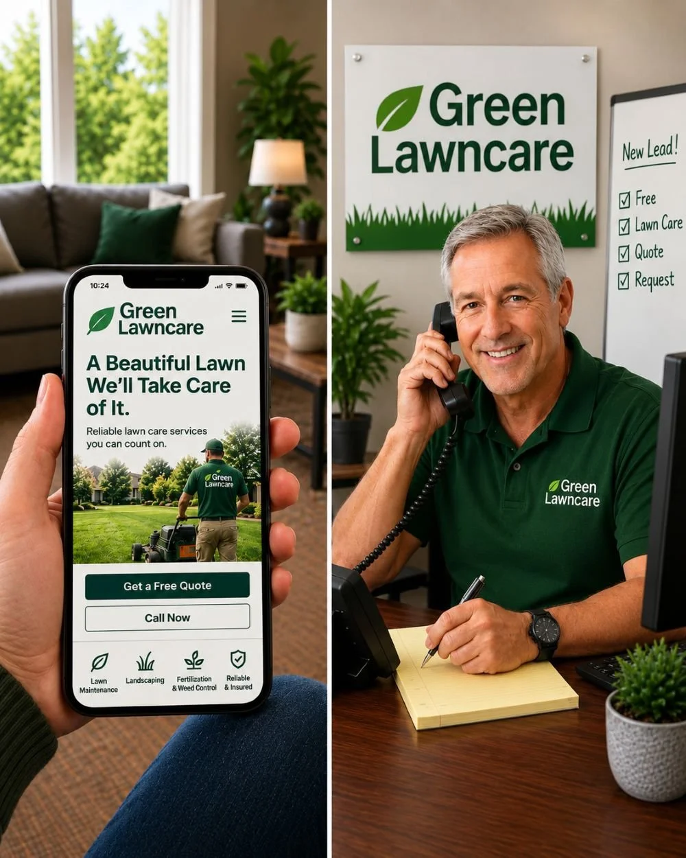 Image of a receptionist for a lawn care company answering the phone