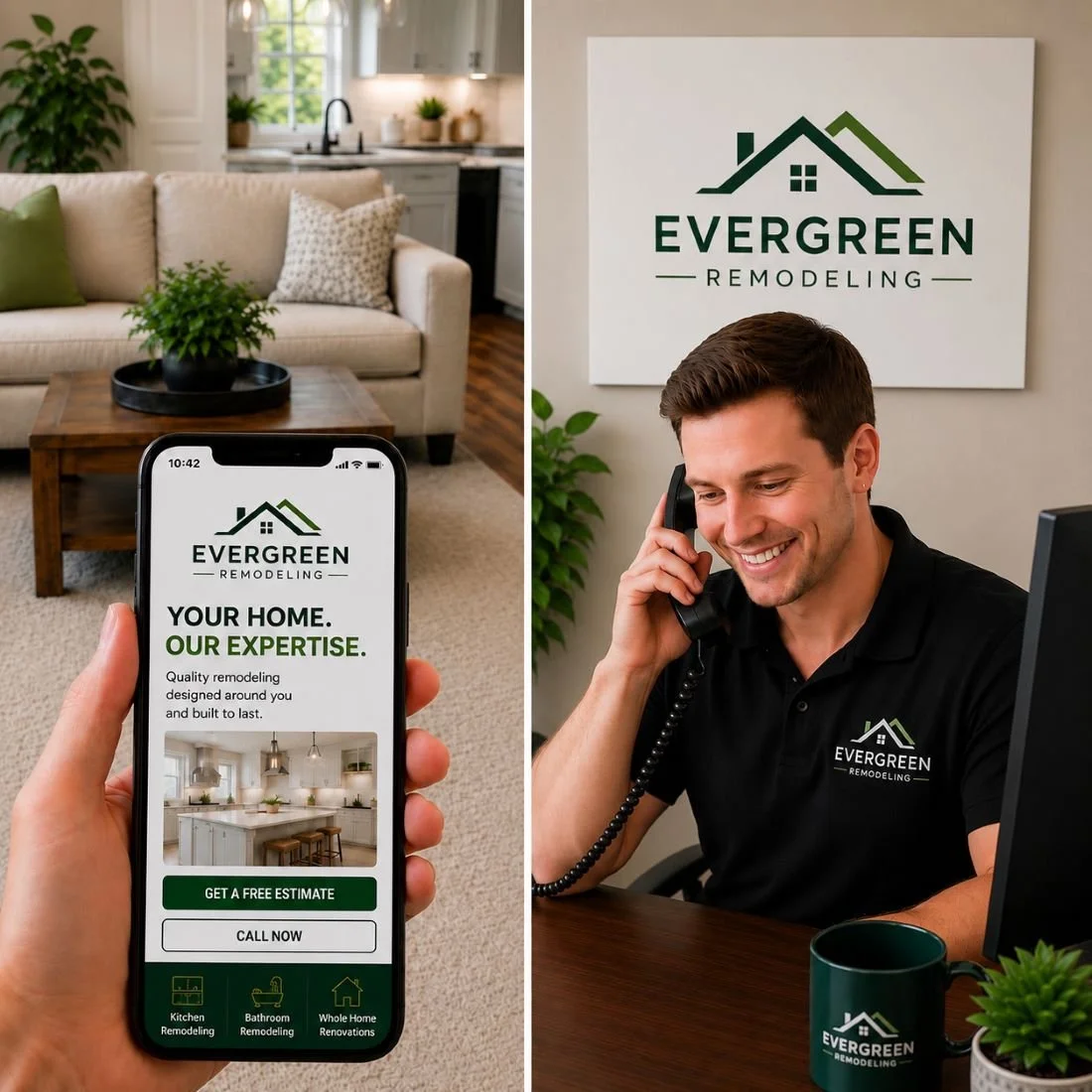 Image of a receptionist for a home remodeling company answering the phone