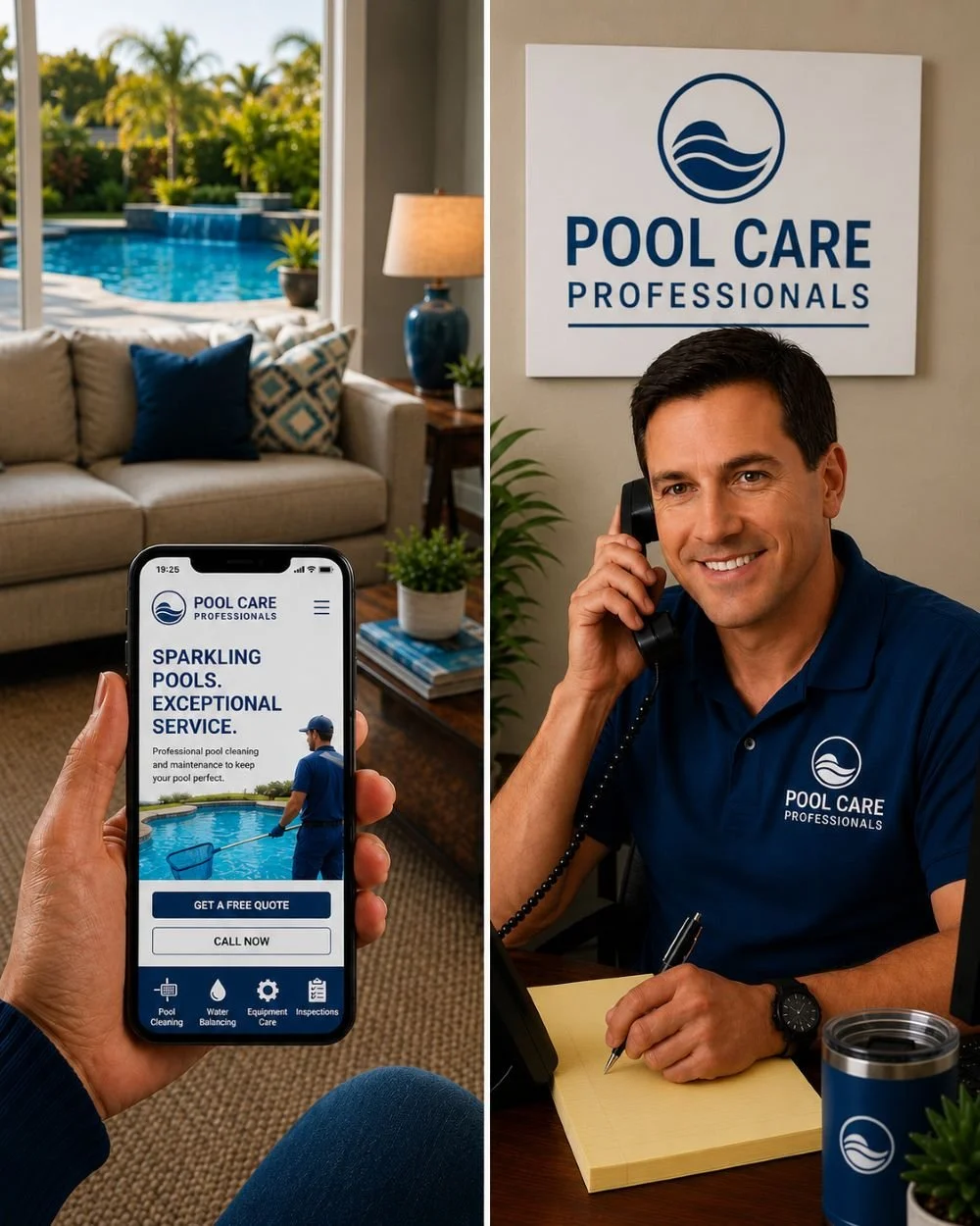 Image of a receptionist for a pool maintenance company answering the phone