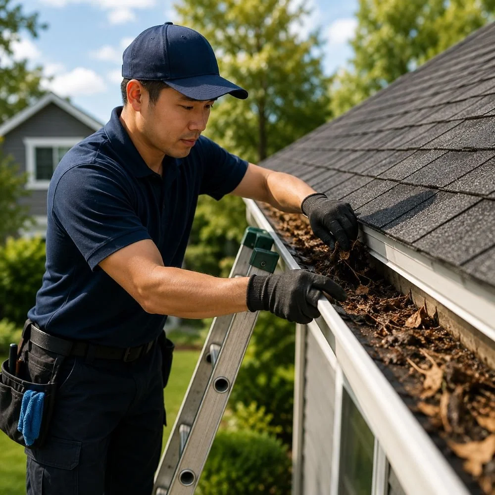 Image of an employee cleaning gutters