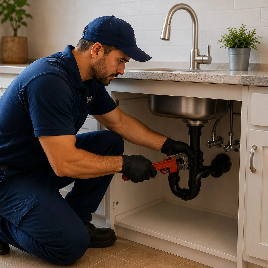 Image of a plumber fixing a sink