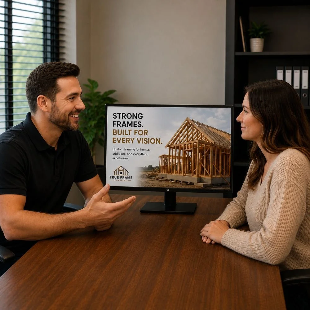 An image of a marketing meeting between a marketing company and a framing business owner