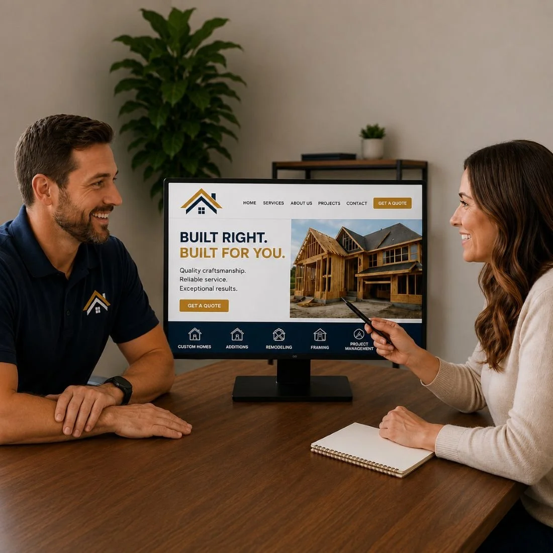 An image of a marketing meeting between a marketing company and a construction business owner