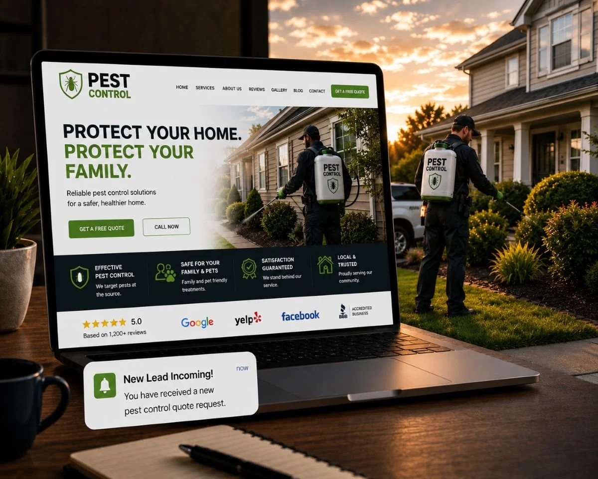 An image of a pest control website next to a pest control truck