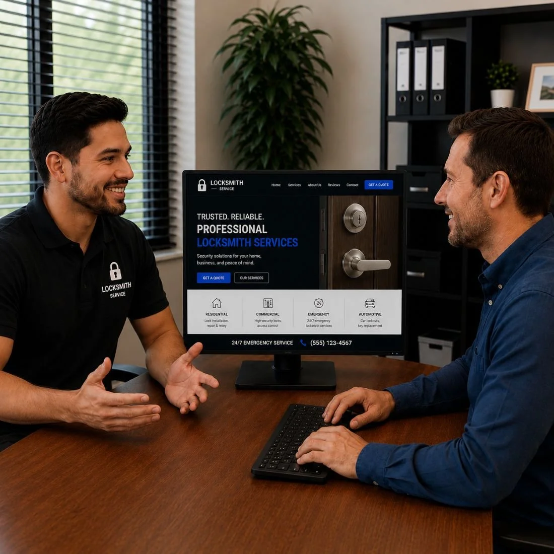 An image of a marketing meeting between a marketing company and a locksmith business owner
