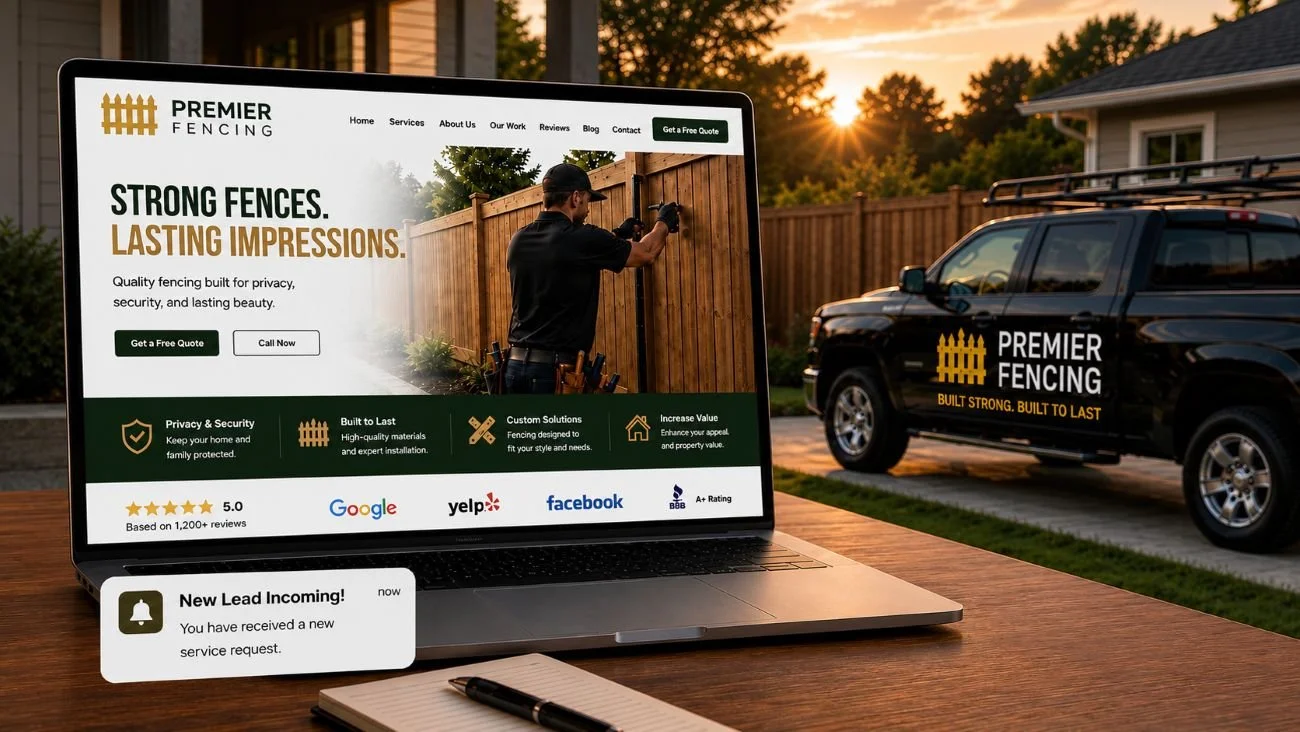An image of a fencing website next to a fencing truck
