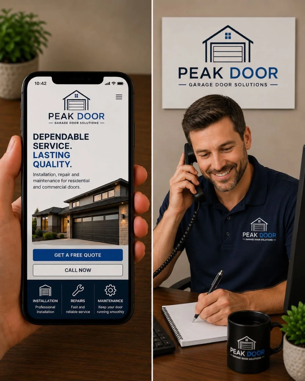 Image of a receptionist for a garage door company answering the phone