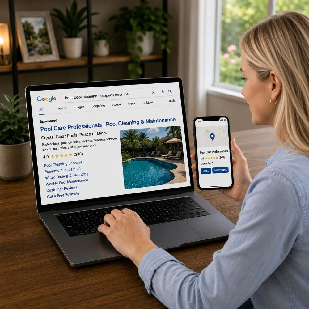 Image of a customer shopping for a pool maintenance company