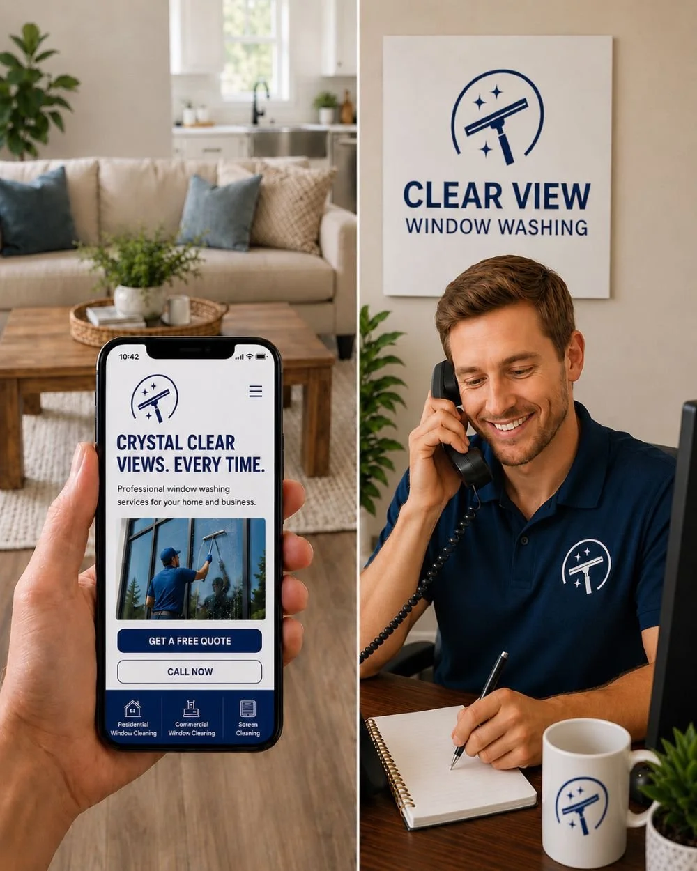 Image of a receptionist for a window washing company answering the phone