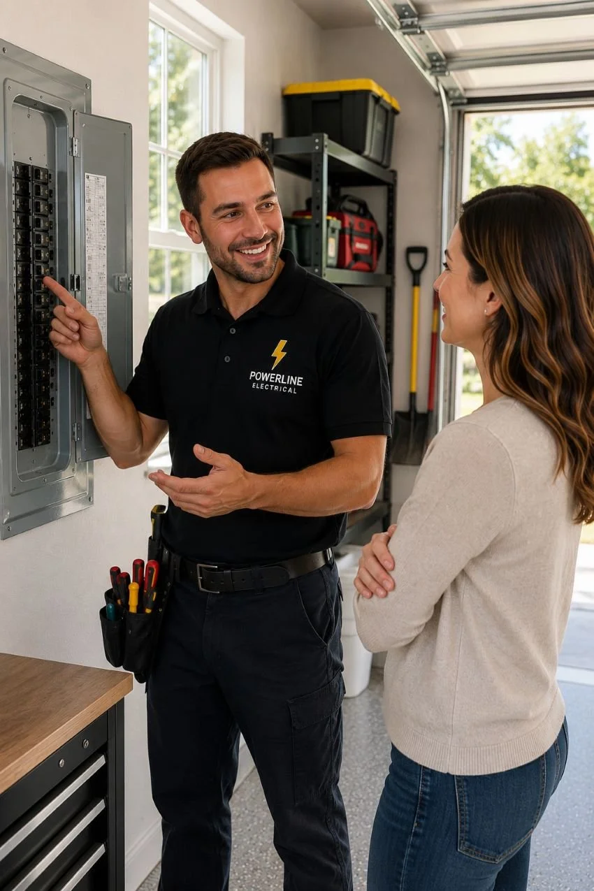 An image of an electrician helping a happy customer
