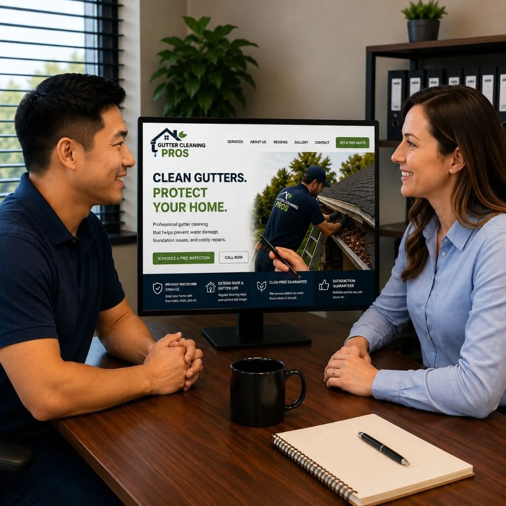 An image of a marketing meeting between a marketing company and a gutter service business owner