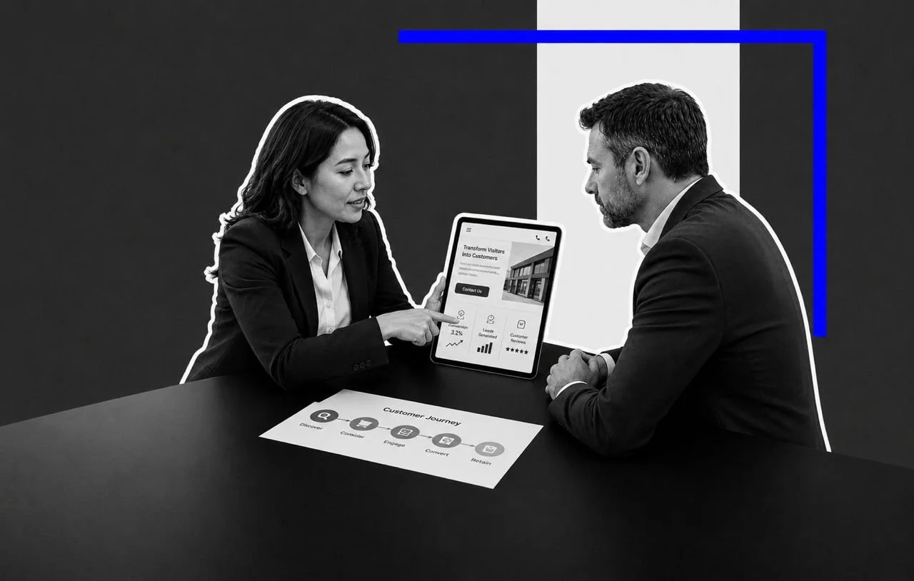 An image showing two different people discussing what they are seeing on an ipad
