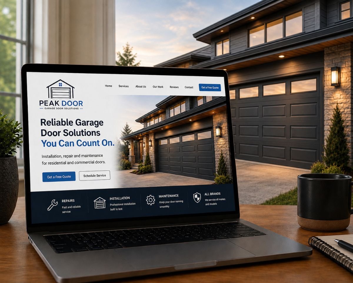 An image of a garage door website next to a garage door being fixed