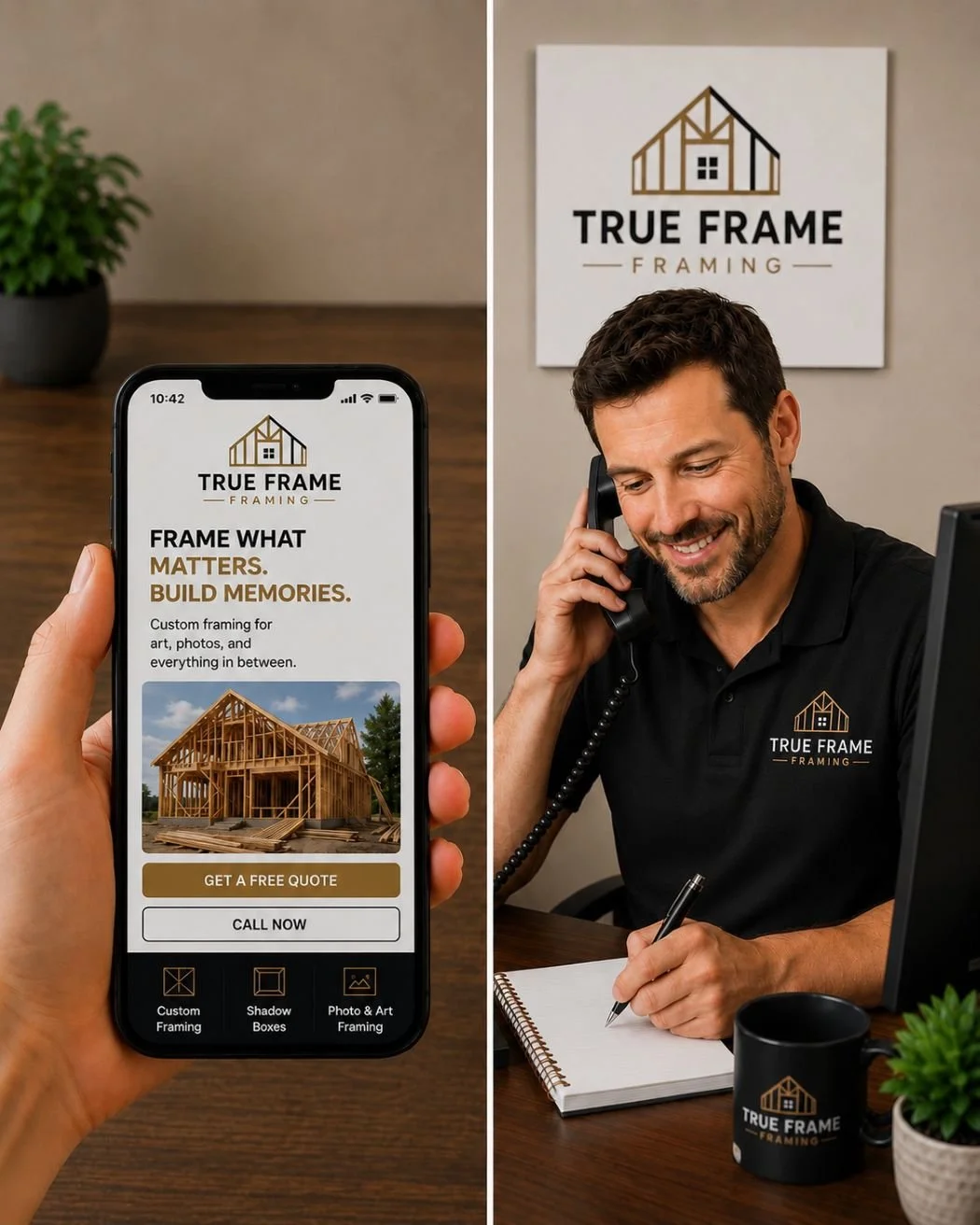 Image of a receptionist for a framing company answering the phone