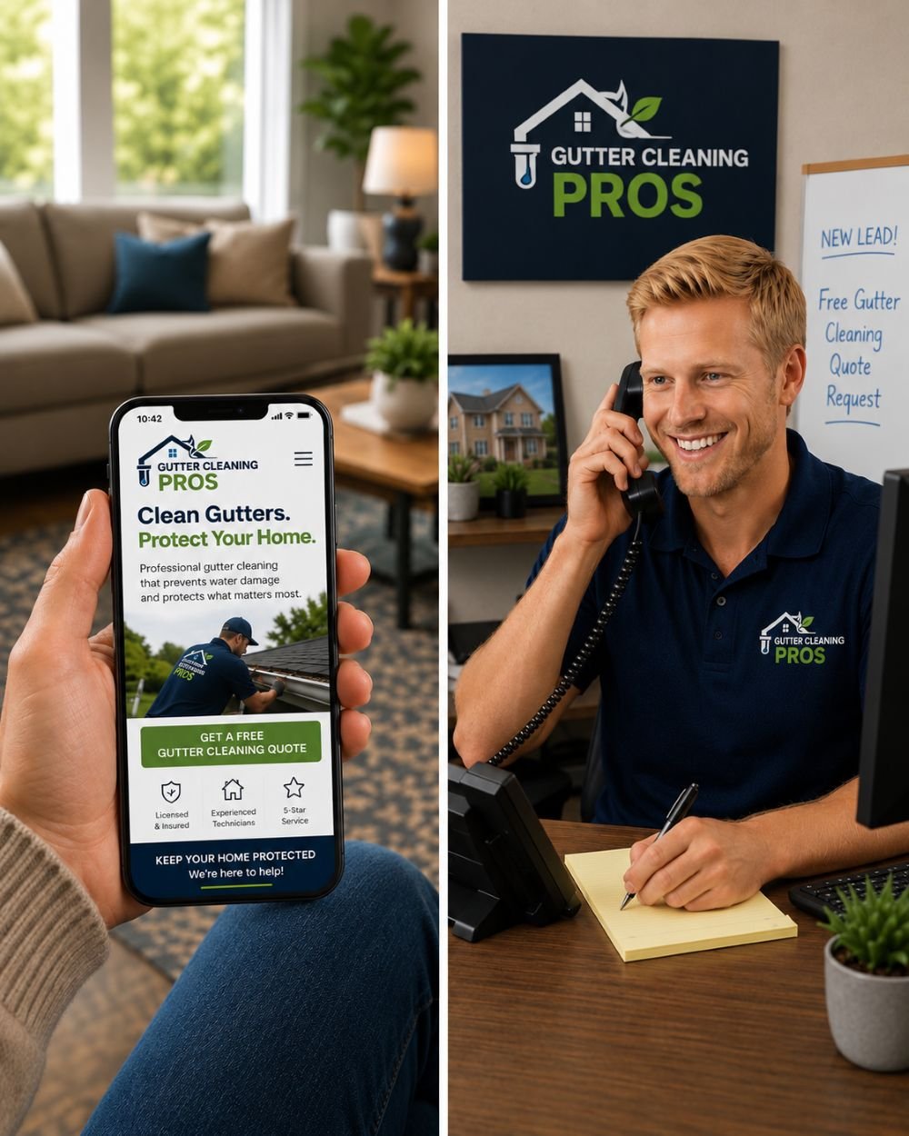 Image of a receptionist for a gutter service company answering the phone