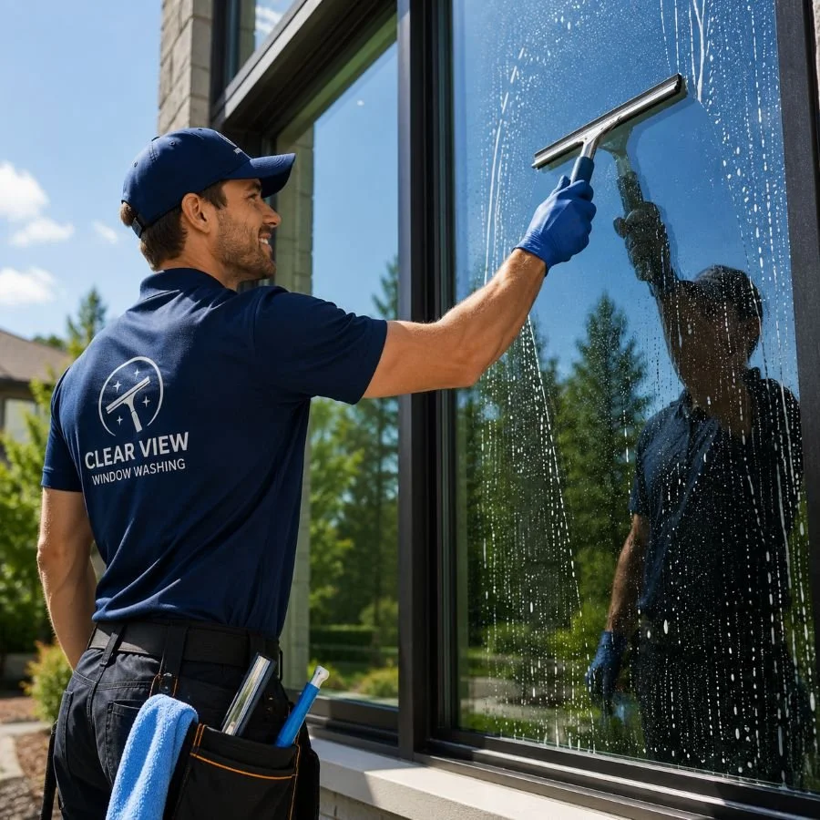 Image of a window washing employee at work