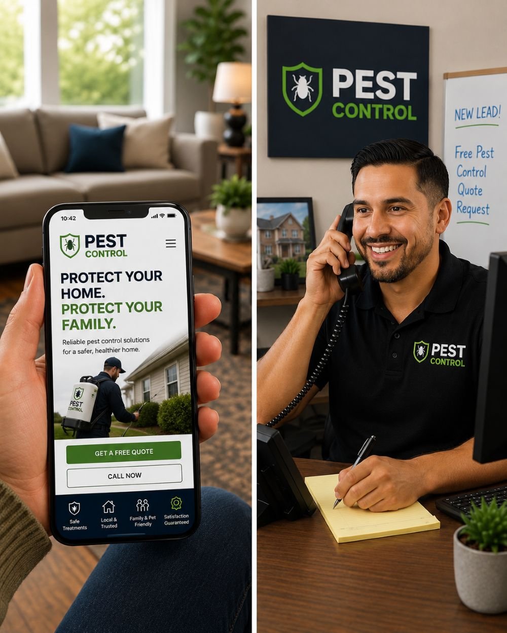 Image of a receptionist for a pest control company answering the phone