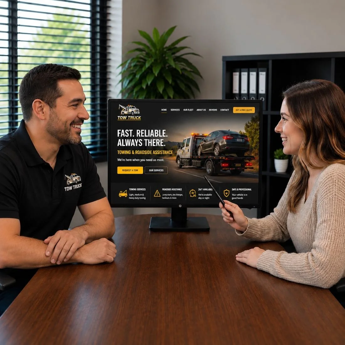 An image of a marketing meeting between a marketing company and a towing business owner