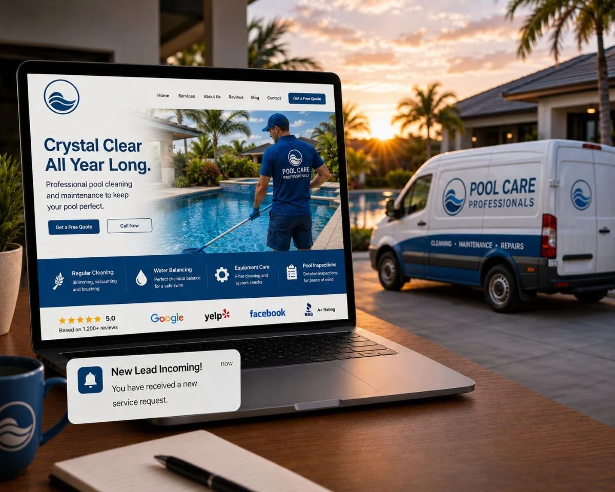 An image of a pool maintenance website next to a pool maintenance truck