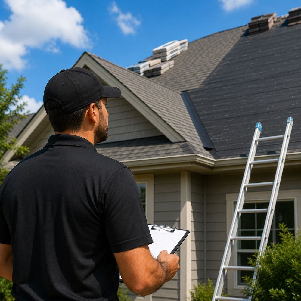 Image of a roofing employee working a job