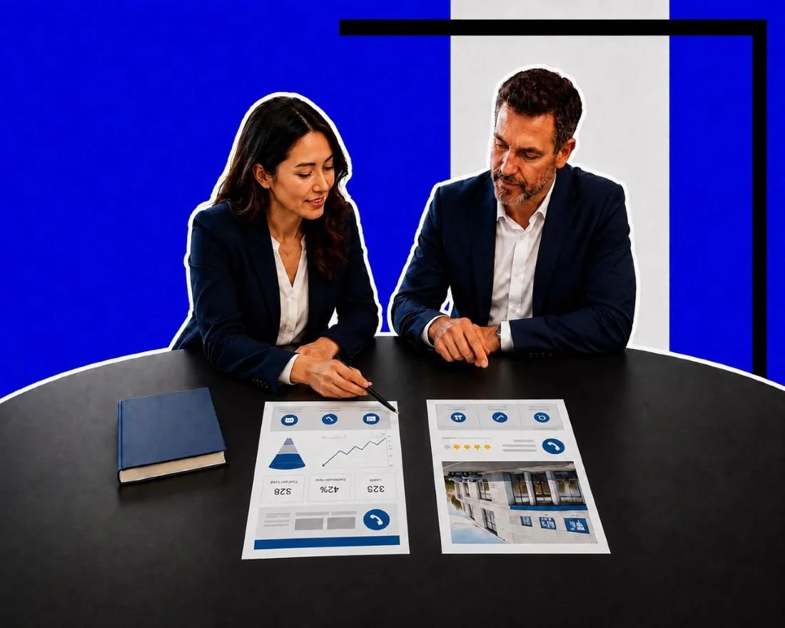 An image showing two people looking at options on a table