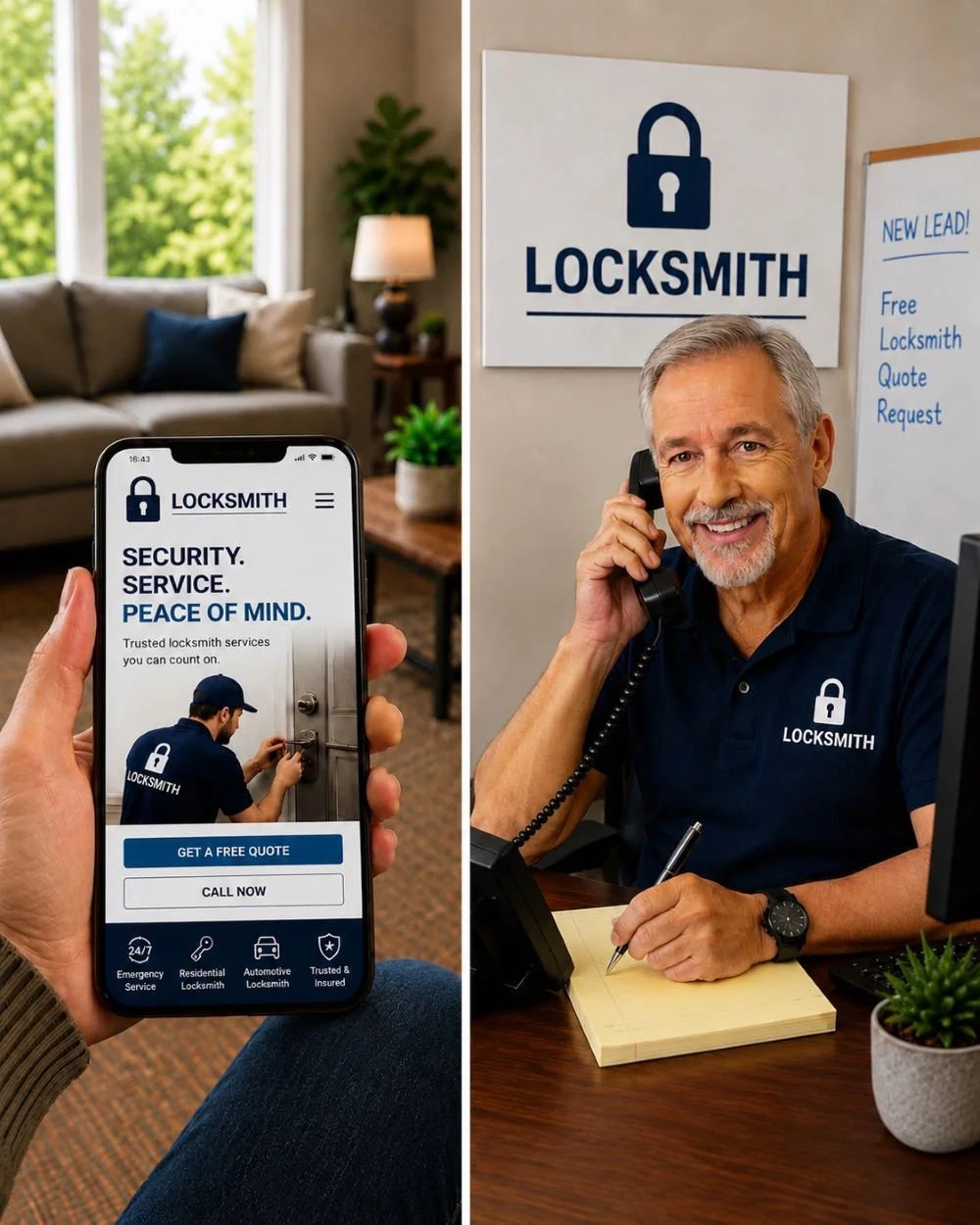 Image of a receptionist for a locksmith company answering the phone