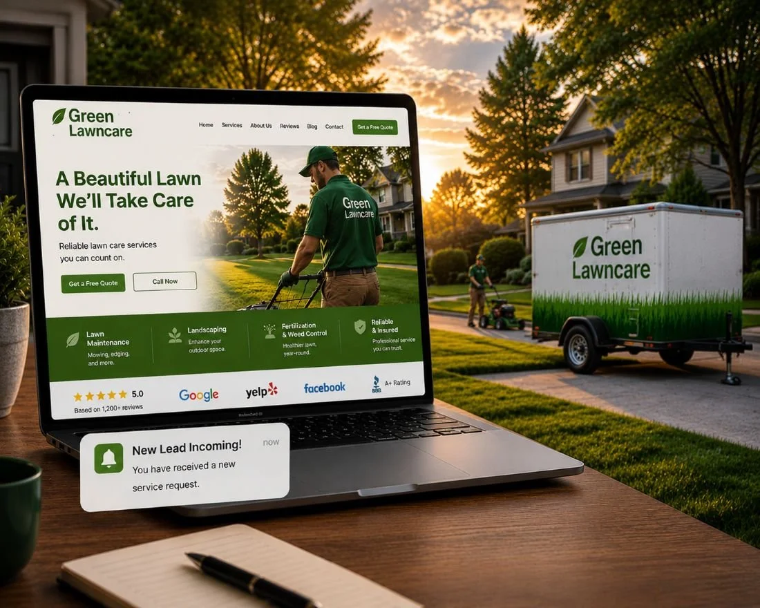 An image of a lawn care website next to a lawn care truck