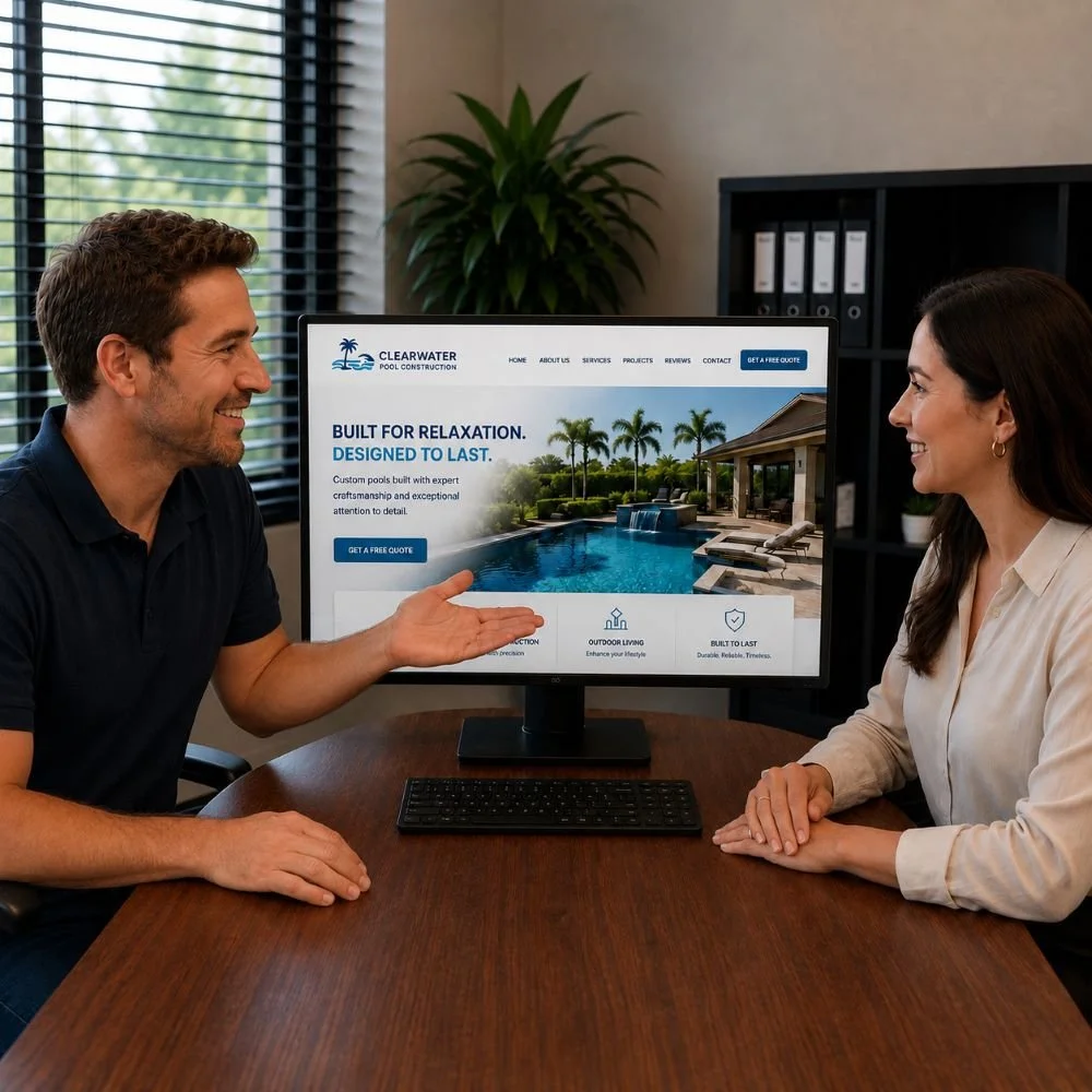 An image of a marketing meeting between a marketing company and a pool construction business owner